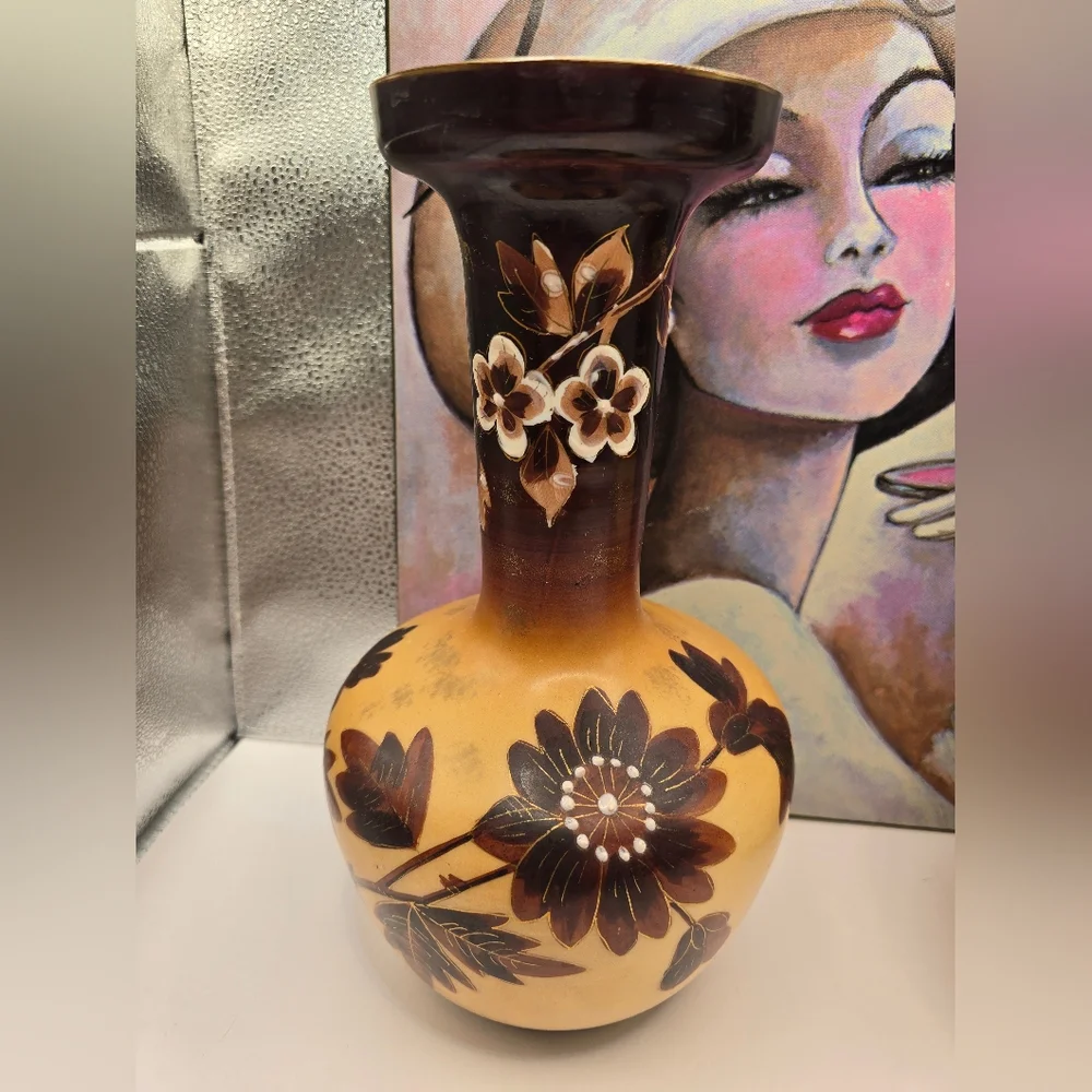 Antique Victorian Tan & Brown Floral Opaline Bristol Glass Pair of Vases